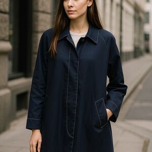 J Crew 100% Cotton  Navy Blue Trench Coat w/ contrasting white stitching size XL